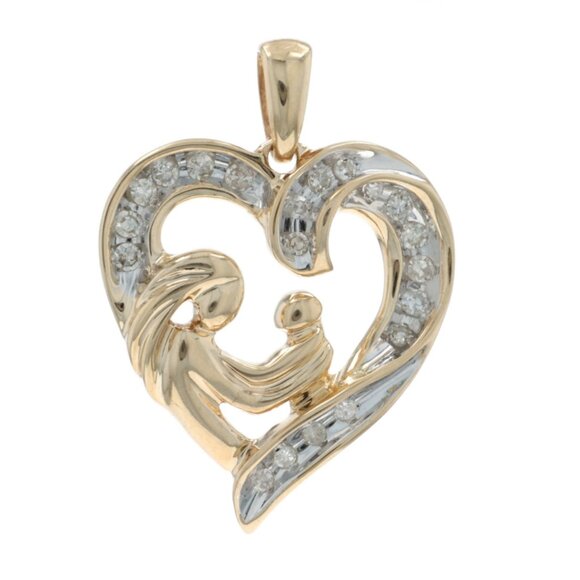 Yellow Gold Diamond Mother & Child Heart Pendant 10k Single .25ctw Family Love